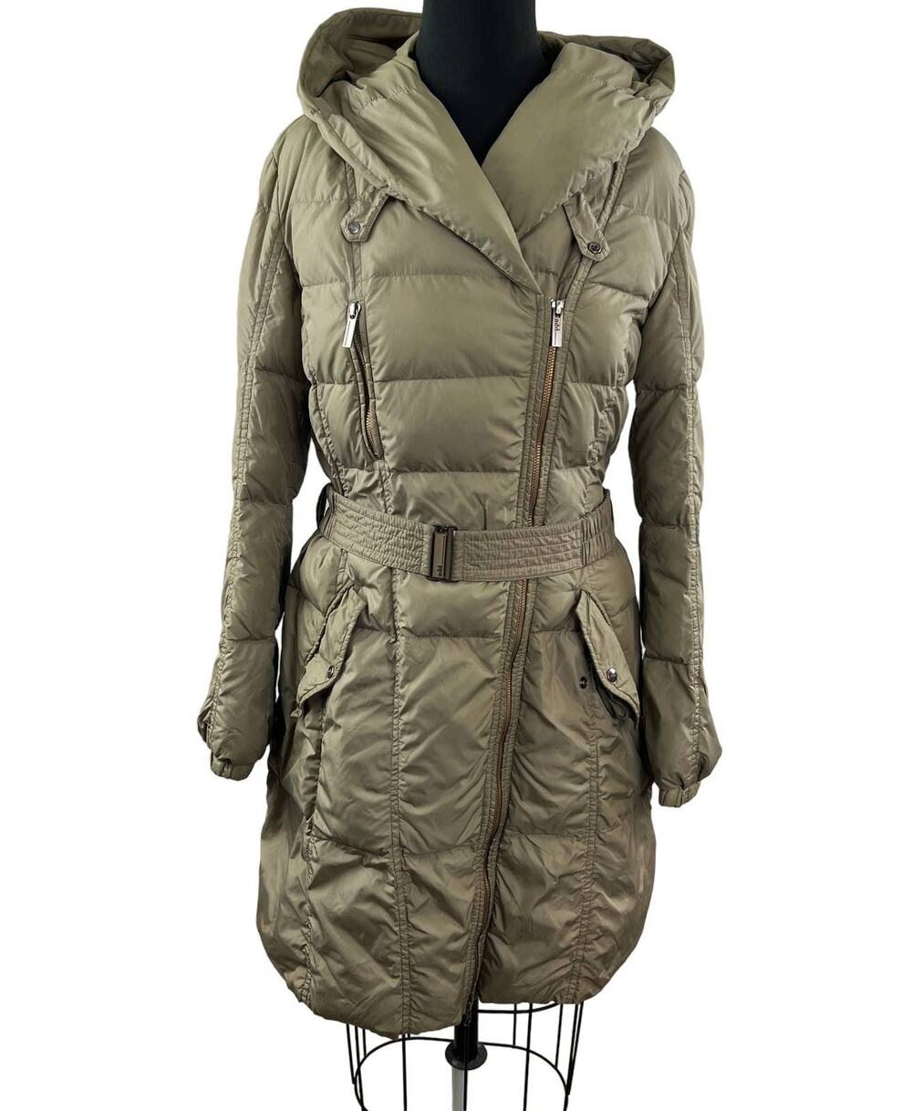 ADD Beige Taupe Quilted Midi Long Sleeve Belted Fitted Puffer Jacket 8